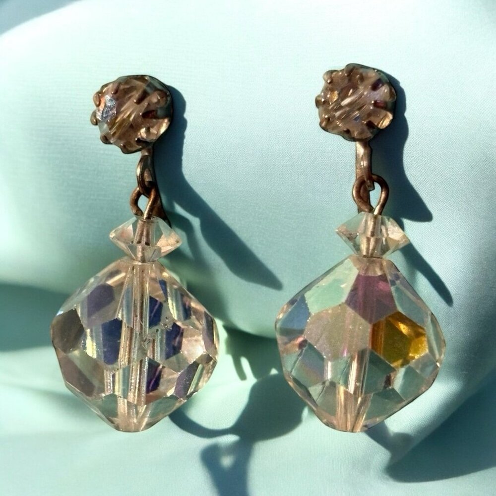 VTG Aurora Borealis Earrings Faceted Crystal Bead Dangle Screw Back‎ Silver Tone